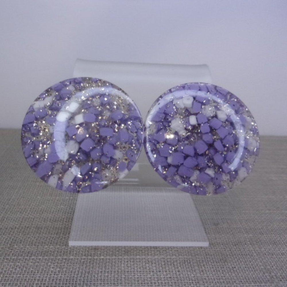 Purple White Confetti Lucite Clip Earrings
